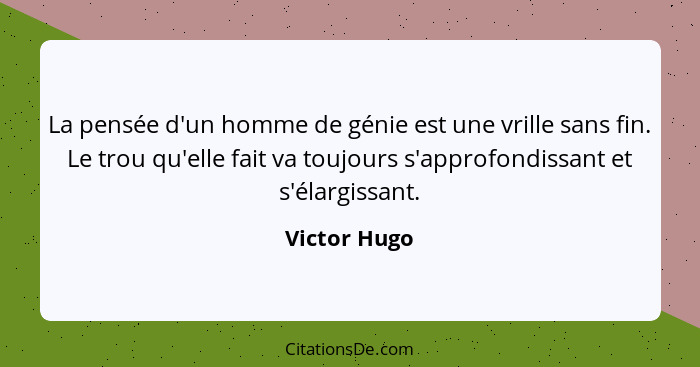 La pensée d'un homme de génie est une vrille sans fin. Le trou qu'elle fait va toujours s'approfondissant et s'élargissant.... - Victor Hugo