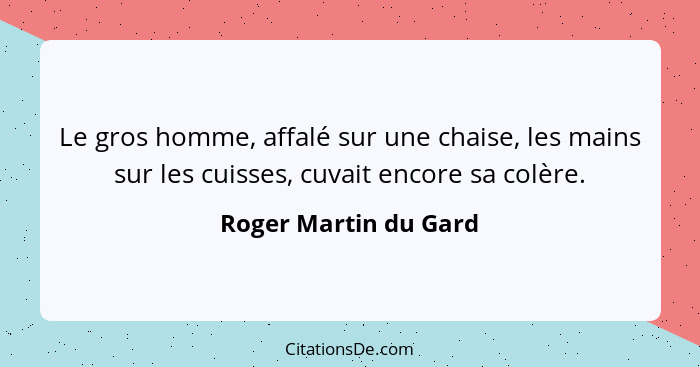 Le gros homme, affalé sur une chaise, les mains sur les cuisses, cuvait encore sa colère.... - Roger Martin du Gard