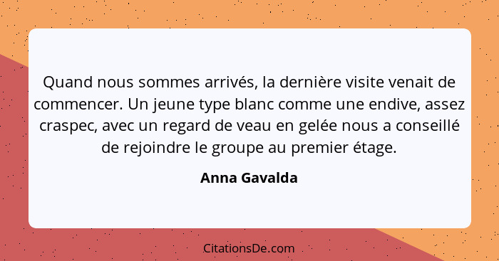 Quand nous sommes arrivés, la dernière visite venait de commencer. Un jeune type blanc comme une endive, assez craspec, avec un regard... - Anna Gavalda