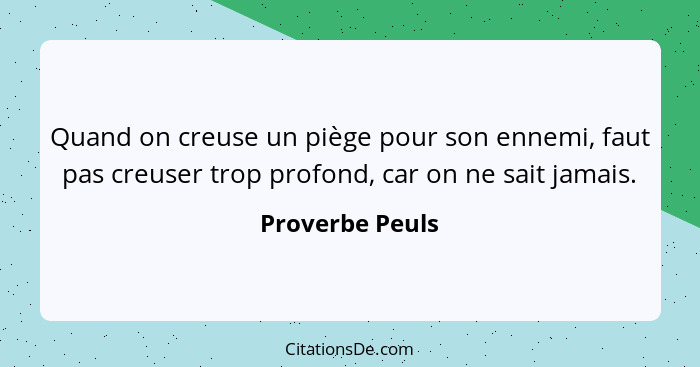 Quand on creuse un piège pour son ennemi, faut pas creuser trop profond, car on ne sait jamais.... - Proverbe Peuls