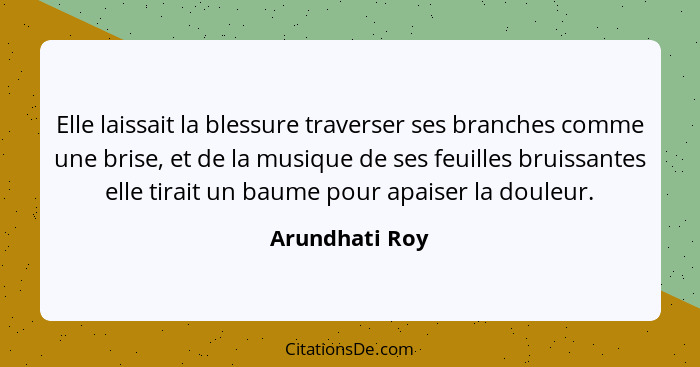 Elle laissait la blessure traverser ses branches comme une brise, et de la musique de ses feuilles bruissantes elle tirait un baume po... - Arundhati Roy