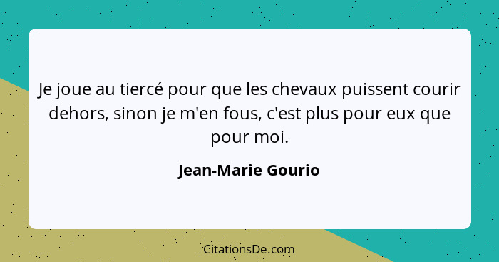 Je joue au tiercé pour que les chevaux puissent courir dehors, sinon je m'en fous, c'est plus pour eux que pour moi.... - Jean-Marie Gourio