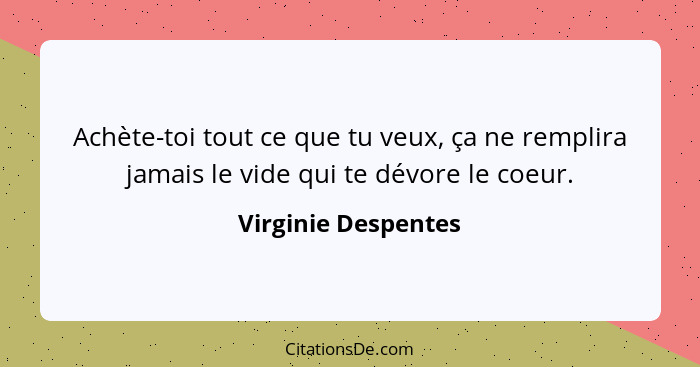 Achète-toi tout ce que tu veux, ça ne remplira jamais le vide qui te dévore le coeur.... - Virginie Despentes