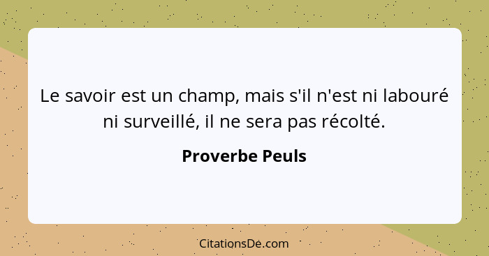 Le savoir est un champ, mais s'il n'est ni labouré ni surveillé, il ne sera pas récolté.... - Proverbe Peuls