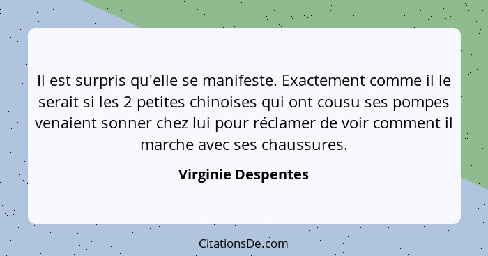 Il est surpris qu'elle se manifeste. Exactement comme il le serait si les 2 petites chinoises qui ont cousu ses pompes venaient s... - Virginie Despentes