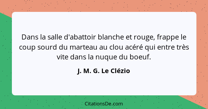 Dans la salle d'abattoir blanche et rouge, frappe le coup sourd du marteau au clou acéré qui entre très vite dans la nuque du boe... - J. M. G. Le Clézio