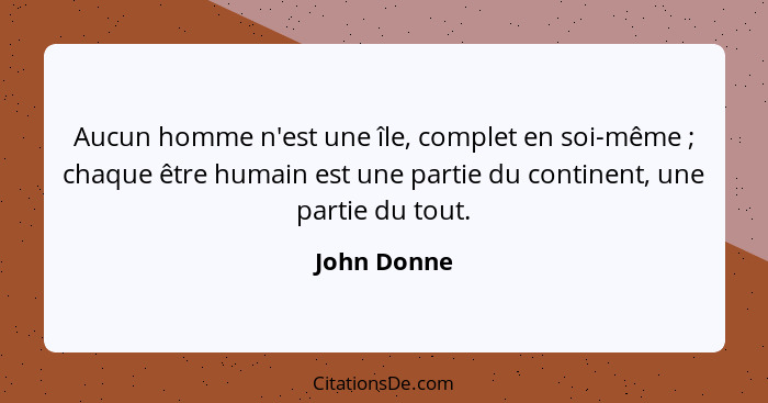 Aucun homme n'est une île, complet en soi-même ; chaque être humain est une partie du continent, une partie du tout.... - John Donne