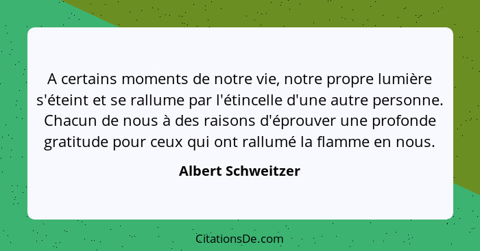 A certains moments de notre vie, notre propre lumière s'éteint et se rallume par l'étincelle d'une autre personne. Chacun de nous... - Albert Schweitzer