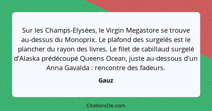 Sur les Champs-Elysées, le Virgin Megastore se trouve au-dessus du Monoprix. Le plafond des surgelés est le plancher du rayon des livres. Le fi... - Gauz