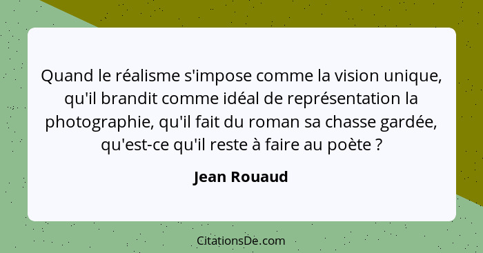 Quand le réalisme s'impose comme la vision unique, qu'il brandit comme idéal de représentation la photographie, qu'il fait du roman sa c... - Jean Rouaud