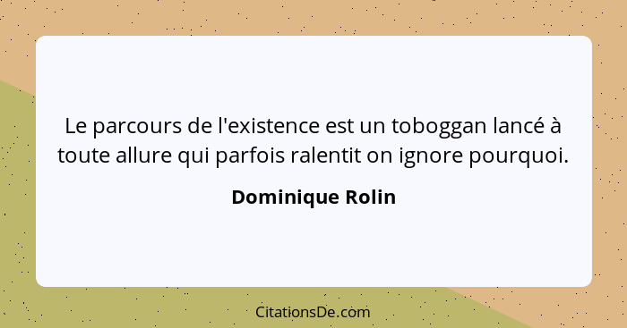 Le parcours de l'existence est un toboggan lancé à toute allure qui parfois ralentit on ignore pourquoi.... - Dominique Rolin