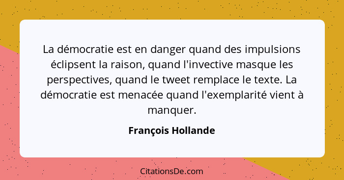La démocratie est en danger quand des impulsions éclipsent la raison, quand l'invective masque les perspectives, quand le tweet re... - François Hollande