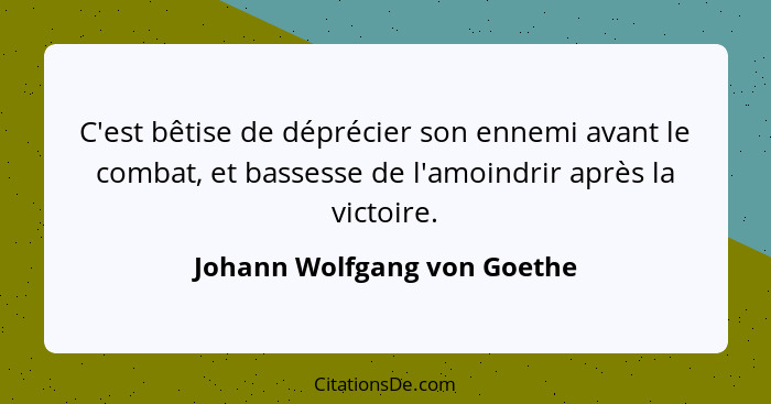 C'est bêtise de déprécier son ennemi avant le combat, et bassesse de l'amoindrir après la victoire.... - Johann Wolfgang von Goethe