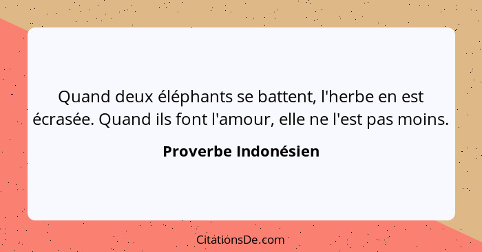 Quand deux éléphants se battent, l'herbe en est écrasée. Quand ils font l'amour, elle ne l'est pas moins.... - Proverbe Indonésien