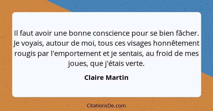 Il faut avoir une bonne conscience pour se bien fâcher. Je voyais, autour de moi, tous ces visages honnêtement rougis par l'emportemen... - Claire Martin