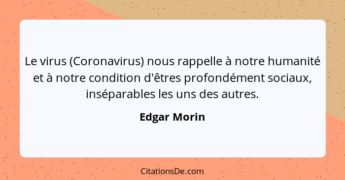 Le virus (Coronavirus) nous rappelle à notre humanité et à notre condition d'êtres profondément sociaux, inséparables les uns des autres... - Edgar Morin