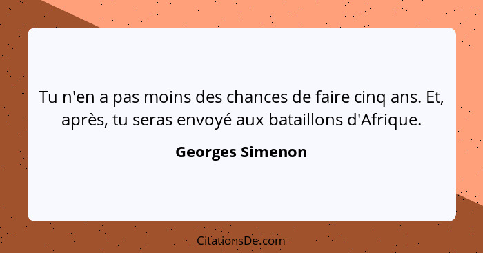 Tu n'en a pas moins des chances de faire cinq ans. Et, après, tu seras envoyé aux bataillons d'Afrique.... - Georges Simenon