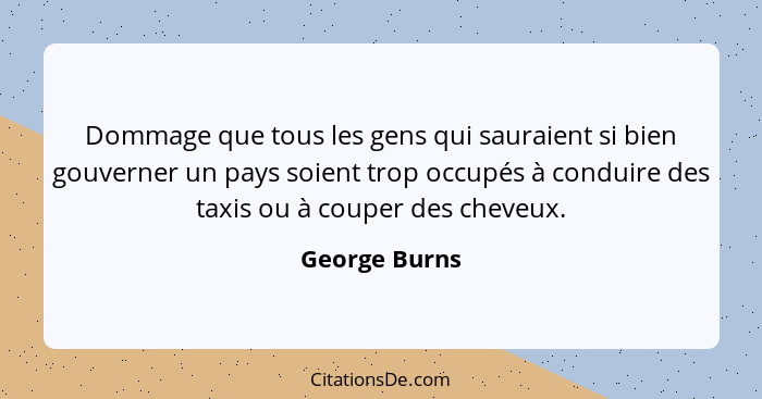 Dommage que tous les gens qui sauraient si bien gouverner un pays soient trop occupés à conduire des taxis ou à couper des cheveux.... - George Burns
