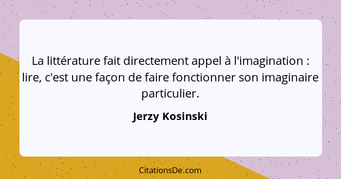 La littérature fait directement appel à l'imagination : lire, c'est une façon de faire fonctionner son imaginaire particulier.... - Jerzy Kosinski