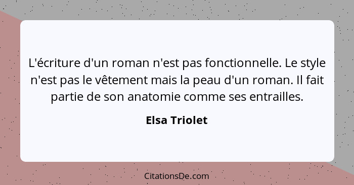 L'écriture d'un roman n'est pas fonctionnelle. Le style n'est pas le vêtement mais la peau d'un roman. Il fait partie de son anatomie c... - Elsa Triolet