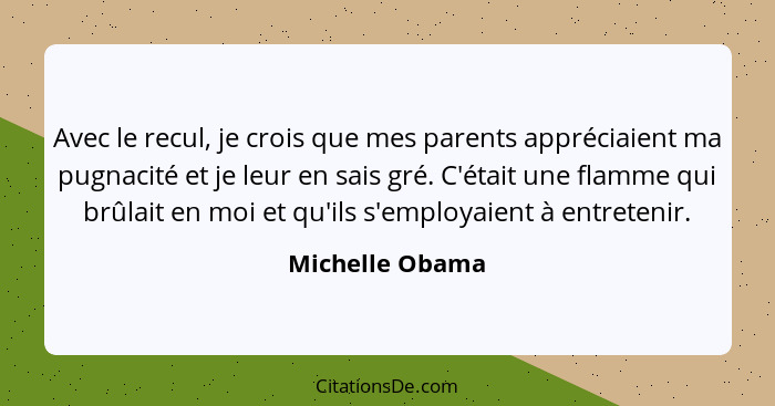 Avec le recul, je crois que mes parents appréciaient ma pugnacité et je leur en sais gré. C'était une flamme qui brûlait en moi et qu... - Michelle Obama