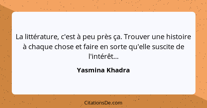 La littérature, c'est à peu près ça. Trouver une histoire à chaque chose et faire en sorte qu'elle suscite de l'intérêt...... - Yasmina Khadra