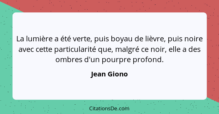 La lumière a été verte, puis boyau de lièvre, puis noire avec cette particularité que, malgré ce noir, elle a des ombres d'un pourpre pro... - Jean Giono