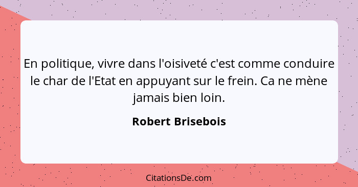 En politique, vivre dans l'oisiveté c'est comme conduire le char de l'Etat en appuyant sur le frein. Ca ne mène jamais bien loin.... - Robert Brisebois