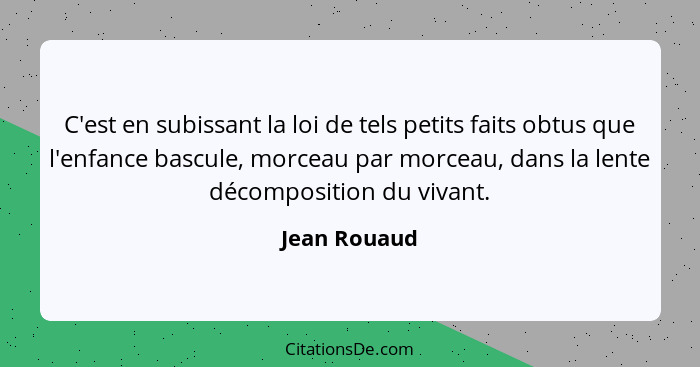 C'est en subissant la loi de tels petits faits obtus que l'enfance bascule, morceau par morceau, dans la lente décomposition du vivant.... - Jean Rouaud