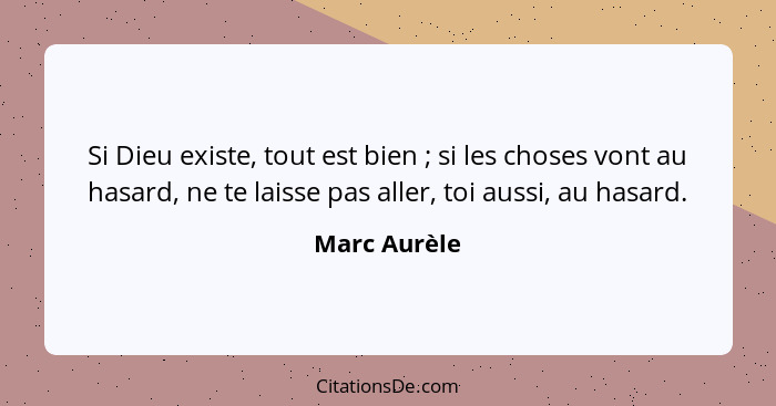 Si Dieu existe, tout est bien ; si les choses vont au hasard, ne te laisse pas aller, toi aussi, au hasard.... - Marc Aurèle