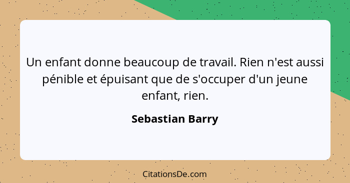 Un enfant donne beaucoup de travail. Rien n'est aussi pénible et épuisant que de s'occuper d'un jeune enfant, rien.... - Sebastian Barry