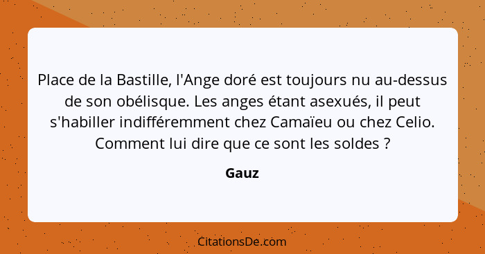 Place de la Bastille, l'Ange doré est toujours nu au-dessus de son obélisque. Les anges étant asexués, il peut s'habiller indifféremment chez C... - Gauz