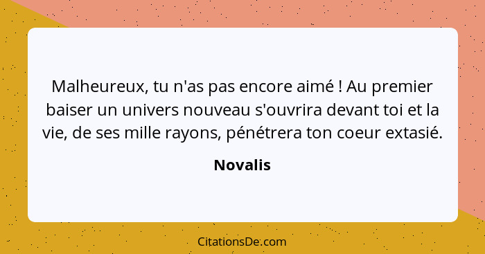 Malheureux, tu n'as pas encore aimé ! Au premier baiser un univers nouveau s'ouvrira devant toi et la vie, de ses mille rayons, pénétre... - Novalis