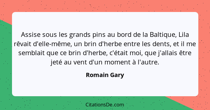 Assise sous les grands pins au bord de la Baltique, Lila rêvait d'elle-même, un brin d'herbe entre les dents, et il me semblait que ce b... - Romain Gary