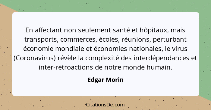 En affectant non seulement santé et hôpitaux, mais transports, commerces, écoles, réunions, perturbant économie mondiale et économies na... - Edgar Morin