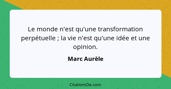 Le monde n'est qu'une transformation perpétuelle ; la vie n'est qu'une idée et une opinion.... - Marc Aurèle