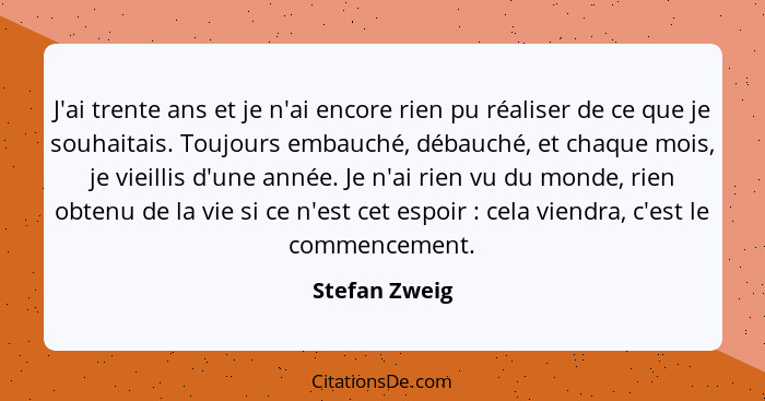 J'ai trente ans et je n'ai encore rien pu réaliser de ce que je souhaitais. Toujours embauché, débauché, et chaque mois, je vieillis d'... - Stefan Zweig