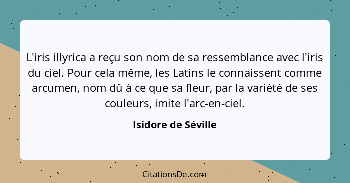 L'iris illyrica a reçu son nom de sa ressemblance avec l'iris du ciel. Pour cela même, les Latins le connaissent comme arcumen, n... - Isidore de Séville