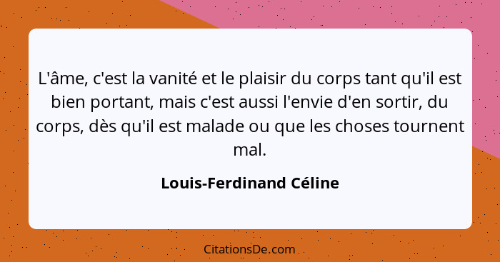 L'âme, c'est la vanité et le plaisir du corps tant qu'il est bien portant, mais c'est aussi l'envie d'en sortir, du corps, dè... - Louis-Ferdinand Céline