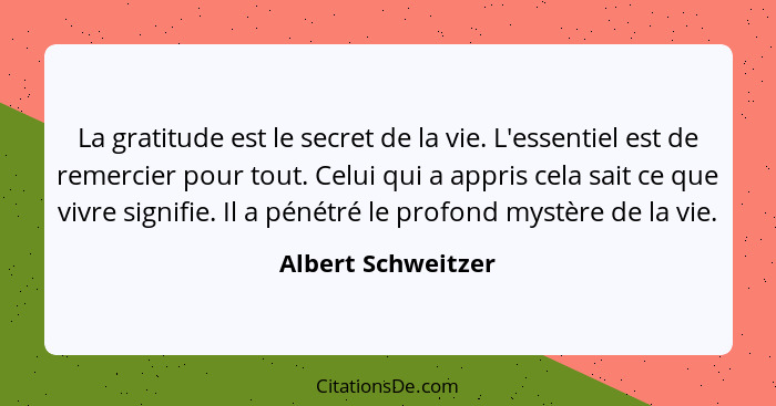 La gratitude est le secret de la vie. L'essentiel est de remercier pour tout. Celui qui a appris cela sait ce que vivre signifie.... - Albert Schweitzer