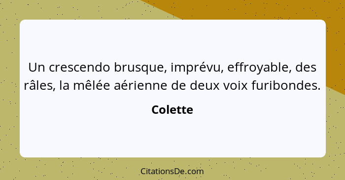 Un crescendo brusque, imprévu, effroyable, des râles, la mêlée aérienne de deux voix furibondes.... - Colette