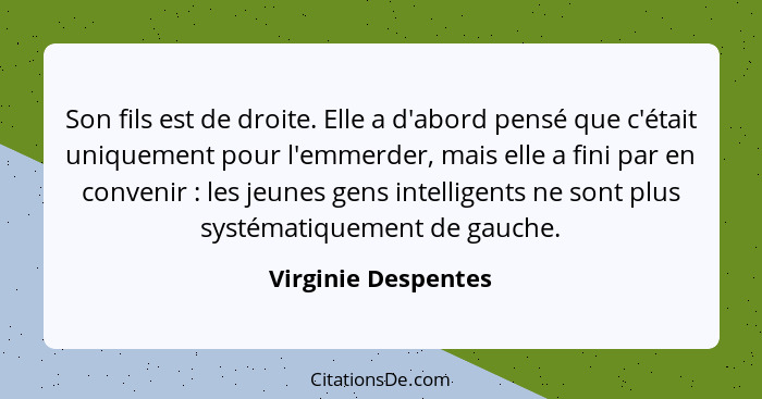 Son fils est de droite. Elle a d'abord pensé que c'était uniquement pour l'emmerder, mais elle a fini par en convenir : les... - Virginie Despentes