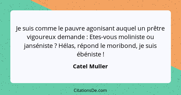 Je suis comme le pauvre agonisant auquel un prêtre vigoureux demande : Etes-vous moliniste ou janséniste ? Hélas, répond le m... - Catel Muller