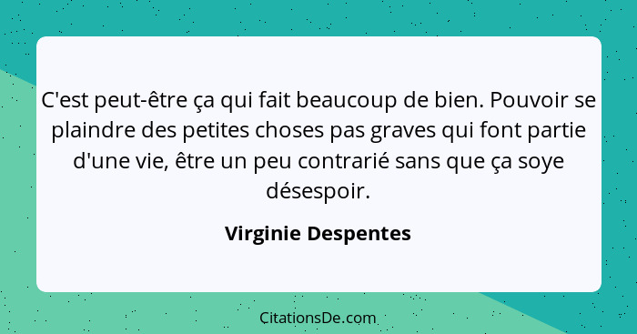 C'est peut-être ça qui fait beaucoup de bien. Pouvoir se plaindre des petites choses pas graves qui font partie d'une vie, être u... - Virginie Despentes