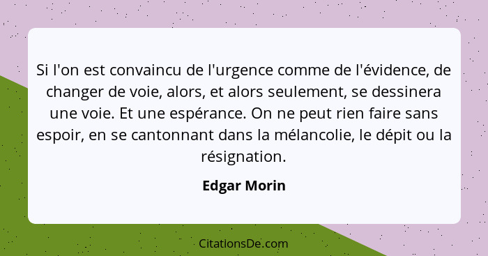 Si l'on est convaincu de l'urgence comme de l'évidence, de changer de voie, alors, et alors seulement, se dessinera une voie. Et une esp... - Edgar Morin