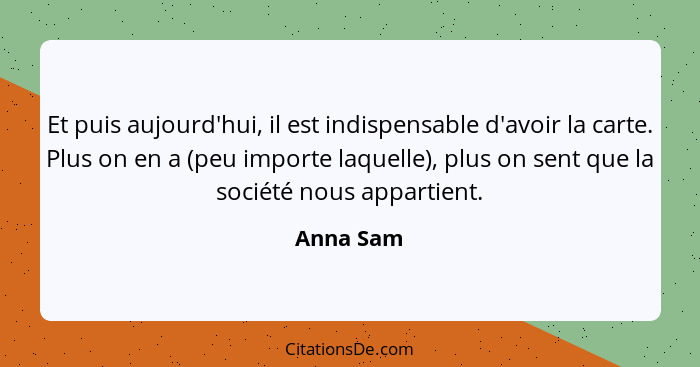 Et puis aujourd'hui, il est indispensable d'avoir la carte. Plus on en a (peu importe laquelle), plus on sent que la société nous appartien... - Anna Sam