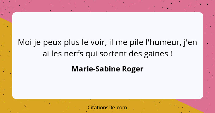 Moi je peux plus le voir, il me pile l'humeur, j'en ai les nerfs qui sortent des gaines !... - Marie-Sabine Roger