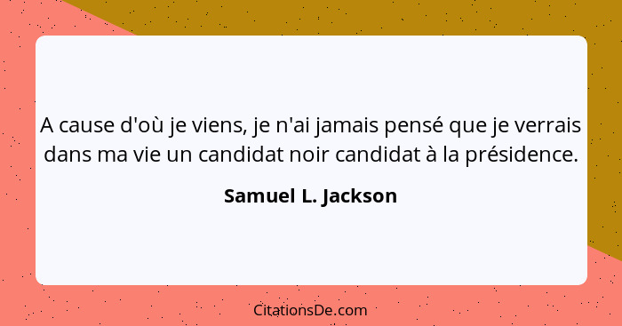 A cause d'où je viens, je n'ai jamais pensé que je verrais dans ma vie un candidat noir candidat à la présidence.... - Samuel L. Jackson