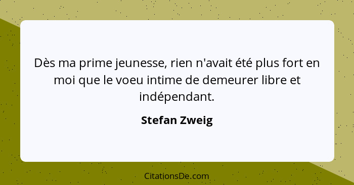 Dès ma prime jeunesse, rien n'avait été plus fort en moi que le voeu intime de demeurer libre et indépendant.... - Stefan Zweig