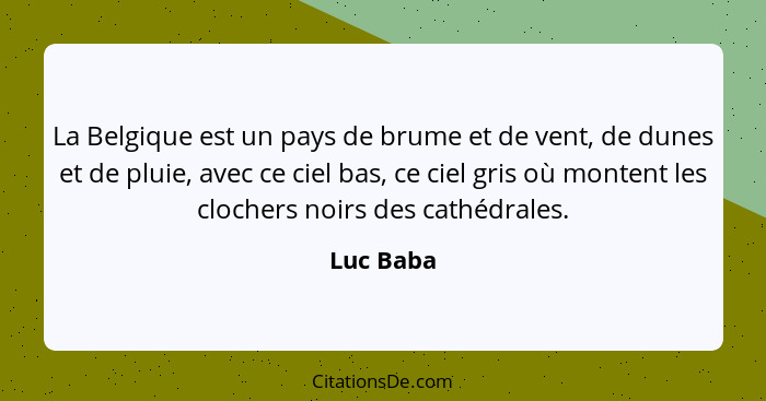 La Belgique est un pays de brume et de vent, de dunes et de pluie, avec ce ciel bas, ce ciel gris où montent les clochers noirs des cathédr... - Luc Baba